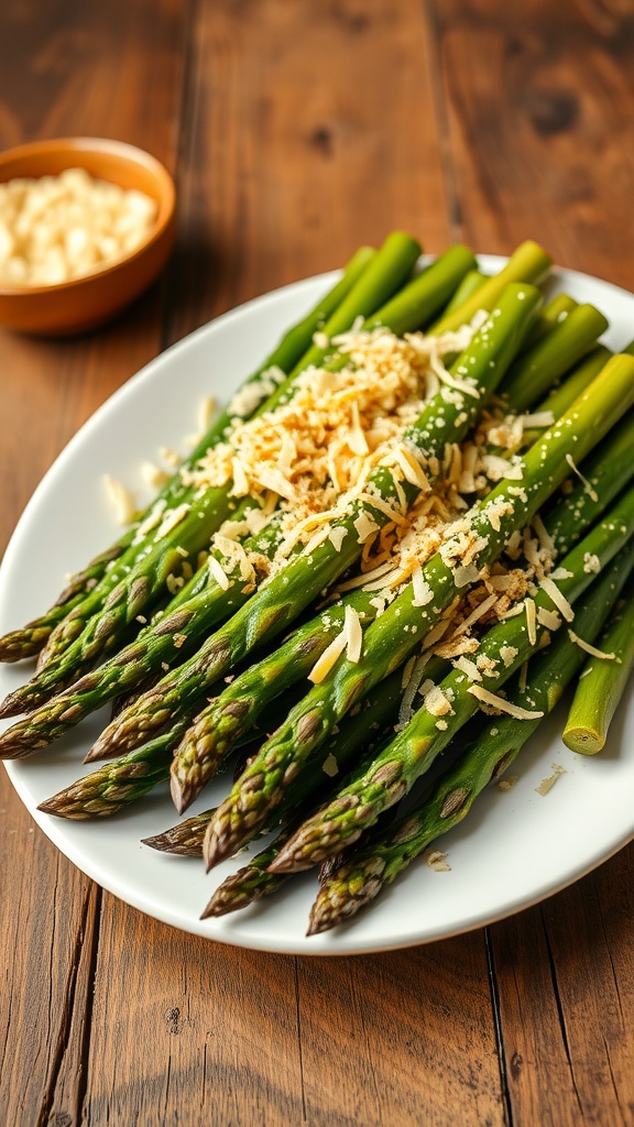 Oven-baked asparagus topped with crispy parmesan cheese on a white plate.